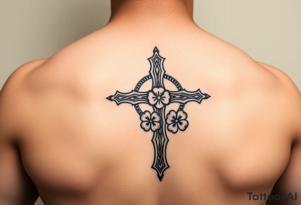a celtic cross with irish inspired details and a four leaf clover tattoo idea