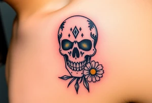 Masculine sugar skull with diamonds and daisy tattoo idea