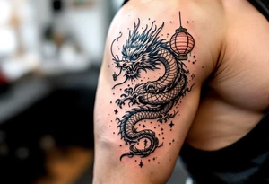 Chinese dragon flying towards the sky surrounded by chinese lanterns tattoo idea