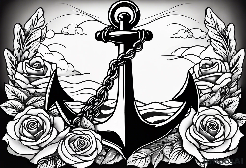 An anchor with a large S through the anchor. Angle wings on the left and right side. Roses below the anchor. Waves in the back ground tattoo idea