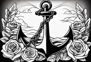 An anchor with a large S through the anchor. Angle wings on the left and right side. Roses below the anchor. Waves in the back ground tattoo idea