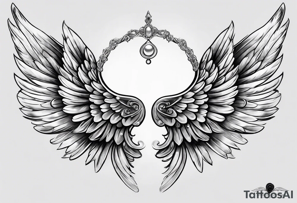 realistic delicate angel wings with pearls tattoo idea
