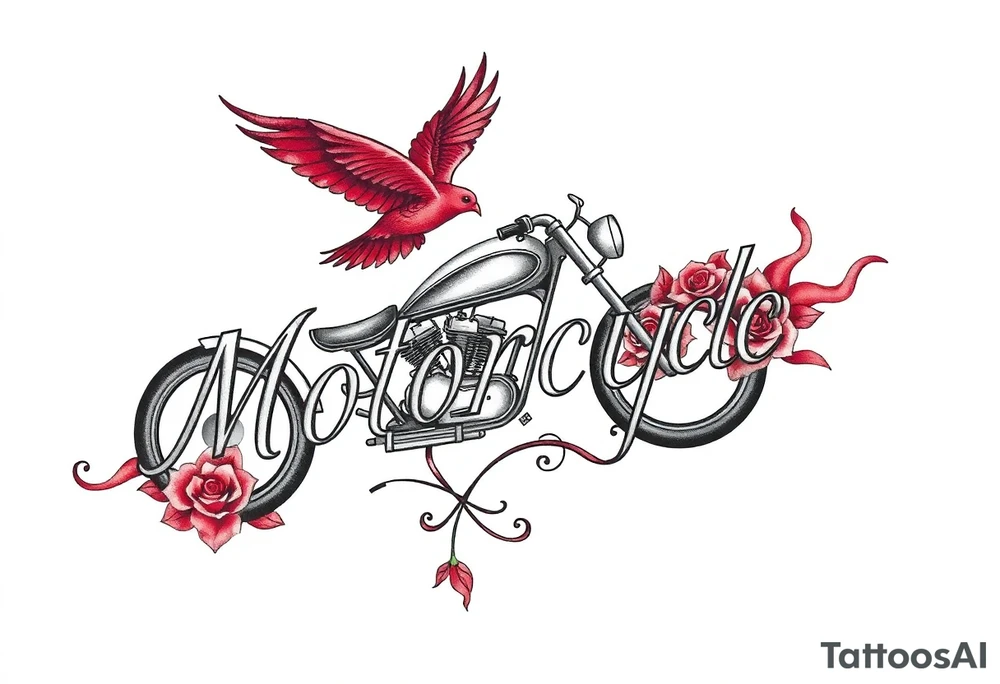 Motorcycle, red bird flying, roses and lace, flames tattoo idea