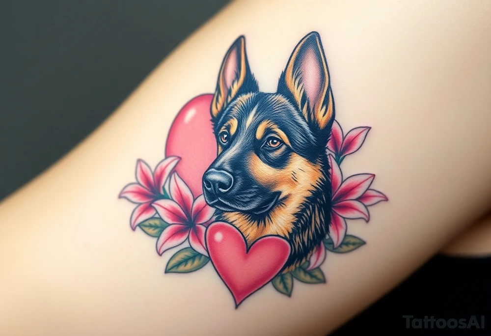 strong looking short haired german shepherd with alert ears surrounded by pink lilies with large leaves in front of a sacred heart tattoo idea