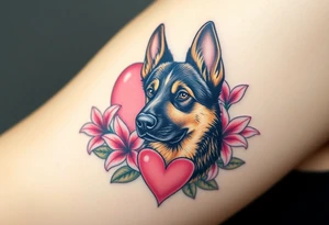 strong looking short haired german shepherd with alert ears surrounded by pink lilies with large leaves in front of a sacred heart tattoo idea