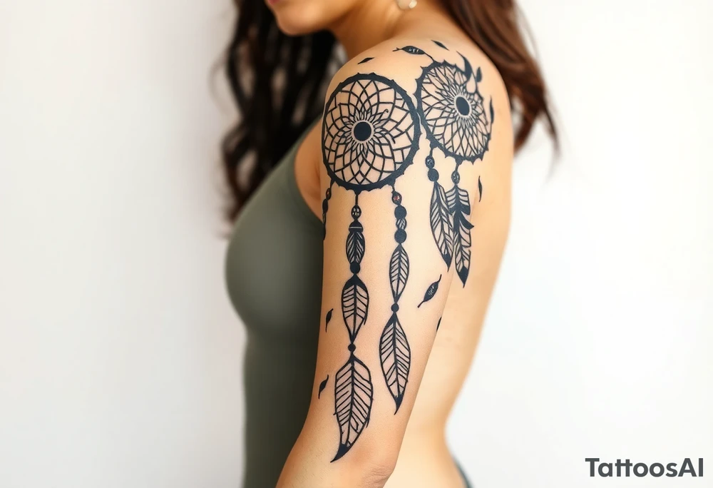 native dreamcatcher with flowing feathers and sacred beads tattoo idea