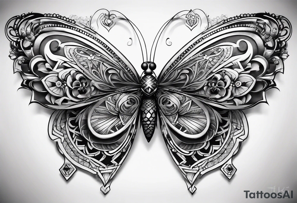 butterfly on the background of the mandala diamond network tattoo idea