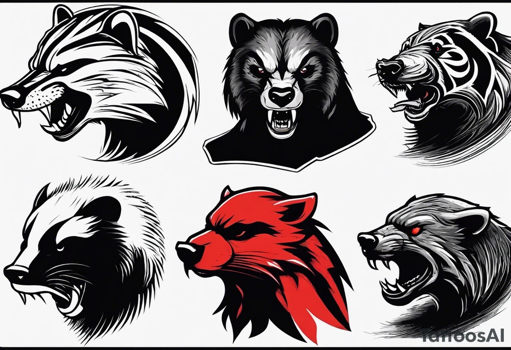 Draw me psychopath Fearless Honey Badger/Berserker with aggressive full body, killer face with a scary smile, very long nails and he attacks like a Bloody Assassin/Warrior/Gladiator to us and also, he has very deadly looking. He fights with his nails only. Everybody scares after their first sight. Give me horror type Badger Tattoo. I want to see his Realistic full body with no weapons. You can show destruction at the back. tattoo idea