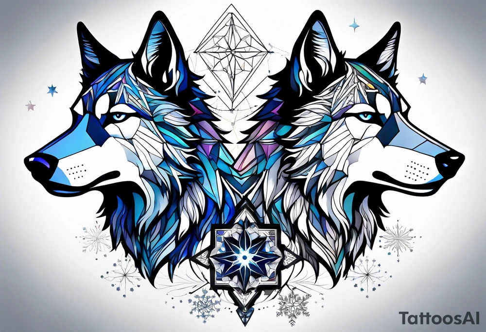 Constellation, two animal wolf, géométric, snowflake tattoo idea