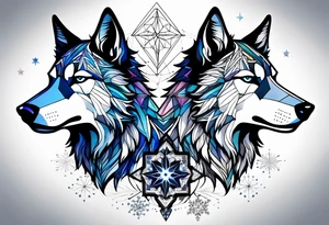 Constellation, two animal wolf, géométric, snowflake tattoo idea