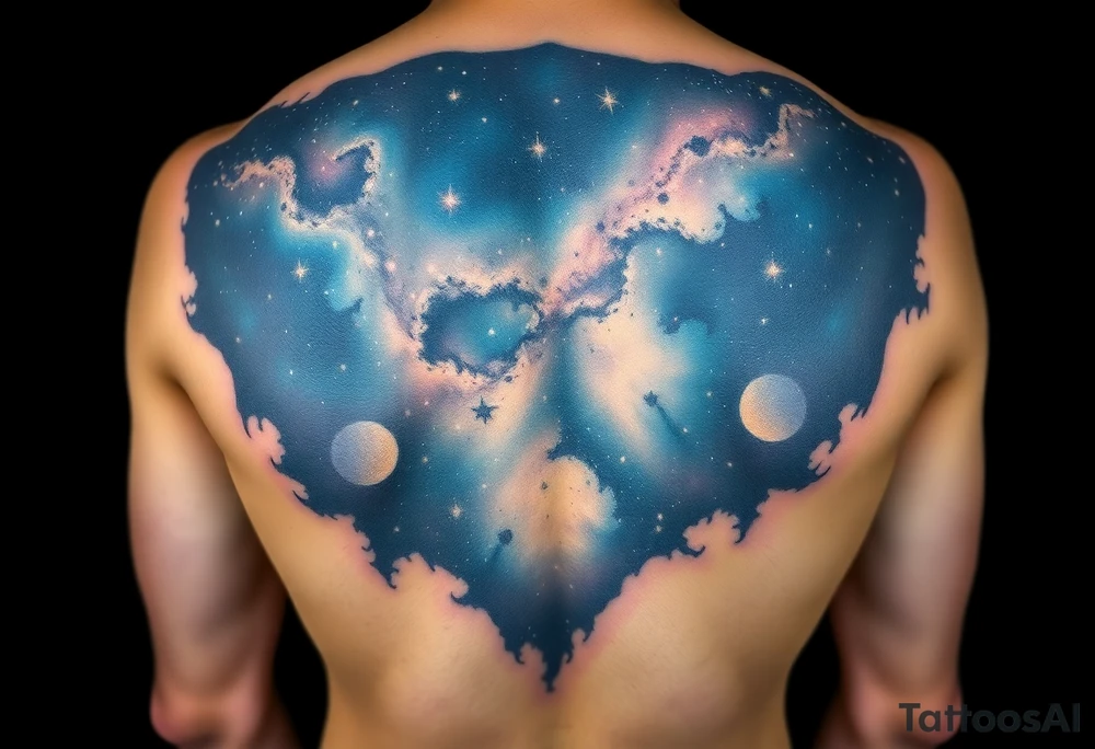 Beautiful and epic 3d milky way that appears to be what is beneath the skin. Make it drape over the shoulder and move to the middle back. use negative spaces to create stars and dust. Keep it symmetrical and focus on the beauty of space tattoo idea
