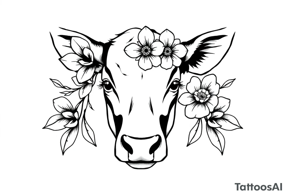 cow face with flowers tattoo idea
