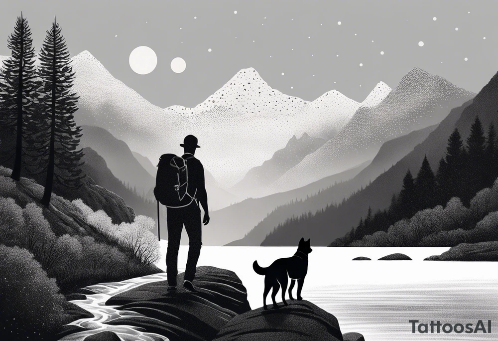father son hiking with their dog and cat in the mountains, nature, waterfall, rive tattoo idea