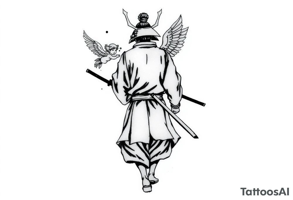 A blackwork tattoo depicting a samurai walking forward from behind. The samurai is dressed in a traditional kimono and hakama, holding two long katanas in a relaxed yet combat-ready stance. A small angel with detailed feathered wings is pushing him from behind. Strong contrast, dynamic ink splashes, sumi-e brushstrokes, a minimalist white background, dramatic lighting, an emotional and symbolic composition, and highly detailed linework. tattoo idea