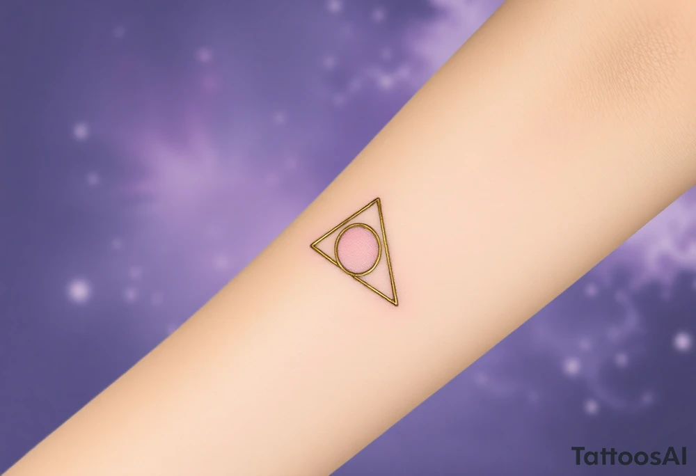 A delicate Deathly Hallows full symbol in thin gold lines, set against a soft watercolor galaxy background in shades of deep purple and midnight blue tattoo idea