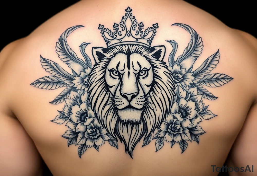 powerful majestic lion with a crown, surrounded by floral ornaments and birds tattoo idea