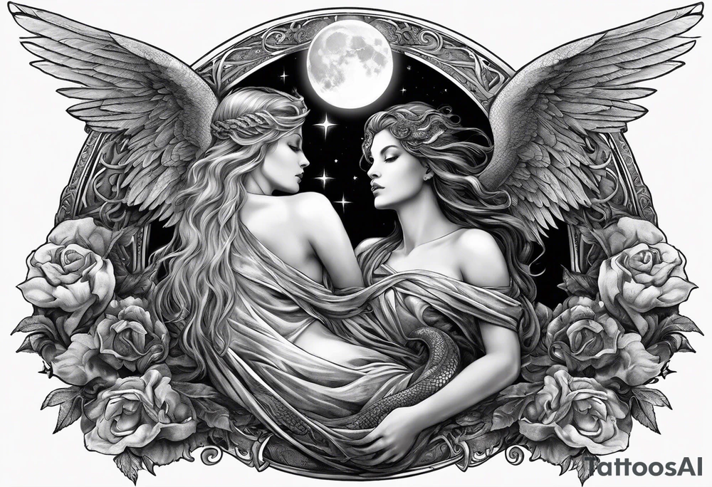 Lucifer (half angel and half snake) wraps the moon in the sky tattoo idea