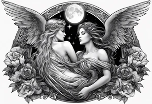 Lucifer (half angel and half snake) wraps the moon in the sky tattoo idea