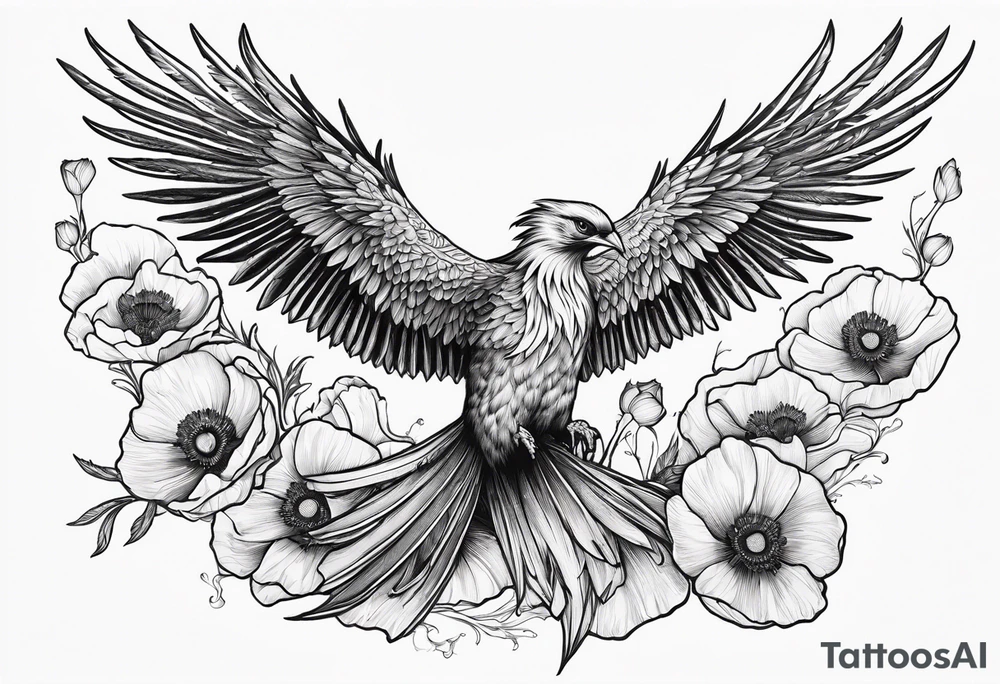 elongated phoenix in flight
in profile long tail with claws holding poppies falling tattoo idea