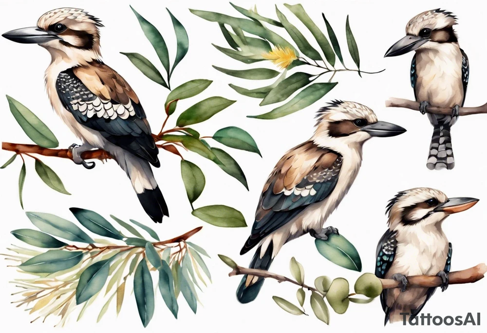 Small kookaburra sitting on eucalyptus leaves and wattle leaves tattoo idea