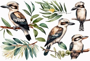 Small kookaburra sitting on eucalyptus leaves and wattle leaves tattoo idea