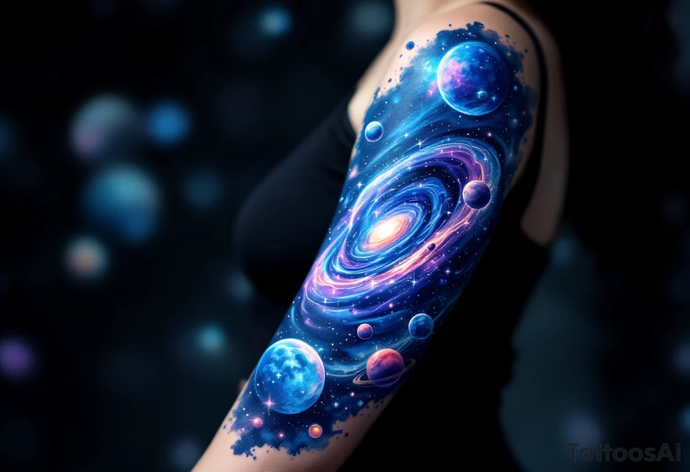 A galaxy scene with stars and planets swirling in deep blue and violet, evoking cosmic freedom. tattoo idea