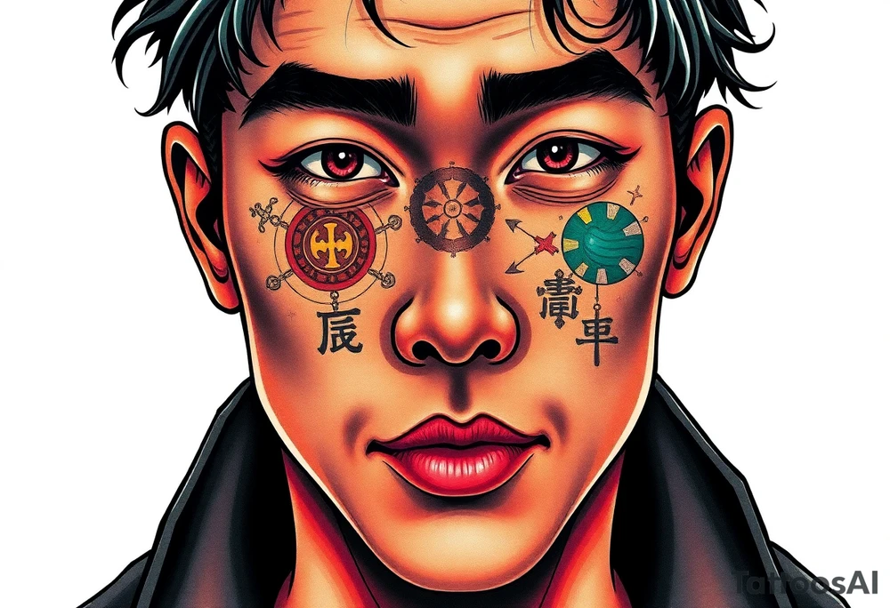 Handsome Asian young guy is drowning symbols on his face tattoo idea