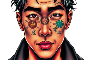 Handsome Asian young guy is drowning symbols on his face tattoo idea