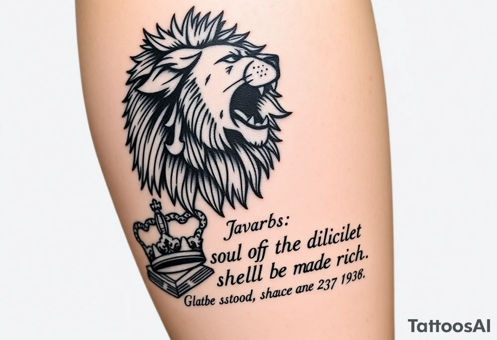 Very masculine and strong for calf shape.

Top of calf:
	•	Roaring lion (discipline, kingship)

Below:
	•	Broken chain (laziness)
	•	Crown resting on a Bible or stone tablet

Text:
	•	The main line: “The soul of the diligent shall be made rich.” larger
	•	First half smaller above or below
	•	Proverbs reference under the lion’s jaw

This works well if your cover-up needs bold contrast and texture (lion’s mane hides a lot). tattoo idea