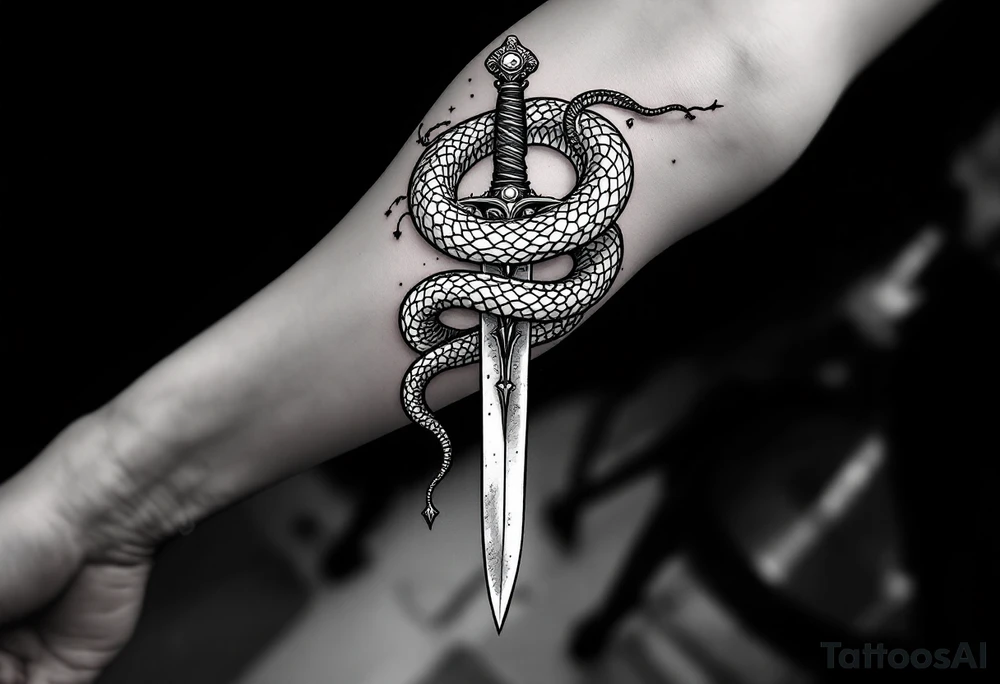 mystical snake coiled around an ancient dagger with jeweled hilt tattoo idea