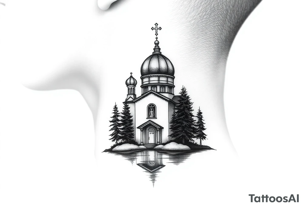 medium sized russian orthodox dome church with a separated virgin mary praying beside a lake and pine trees on the sized of my neck tattoo idea