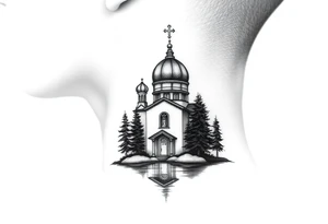 medium sized russian orthodox dome church with a separated virgin mary praying beside a lake and pine trees on the sized of my neck tattoo idea