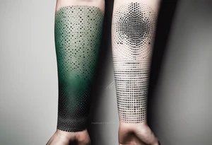 symbols, abstract, green and black, covered from wrist to forearm, fully covered, no borders, blackwork, no people tattoo idea