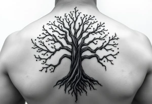 mystical tree of life with cosmic roots and celestial branches tattoo idea