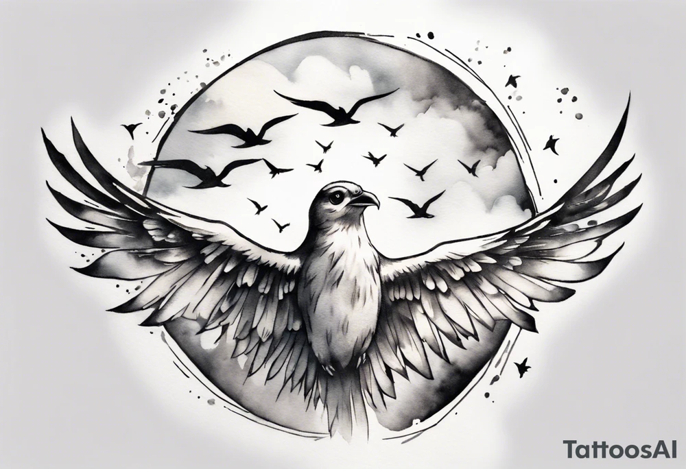 a shoulder round shape tattoo with lots of rays of light in gradient starting from the middle
, clouds and birds flying free tattoo idea