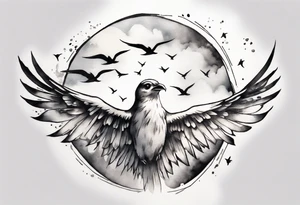a shoulder round shape tattoo with lots of rays of light in gradient starting from the middle
, clouds and birds flying free tattoo idea