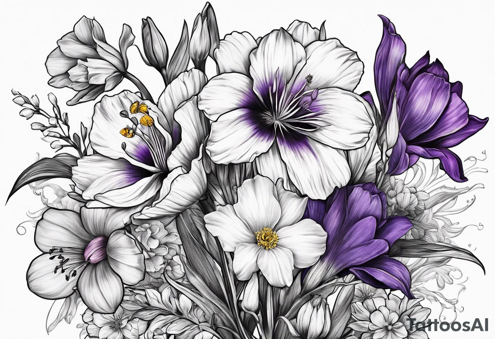 Single flower bouquet with Violet, Daffodil, Gladiolus, Poppy, Cosmos tattoo idea
