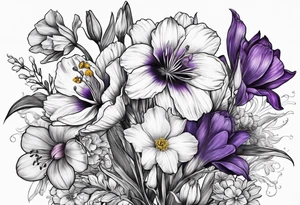 Single flower bouquet with Violet, Daffodil, Gladiolus, Poppy, Cosmos tattoo idea