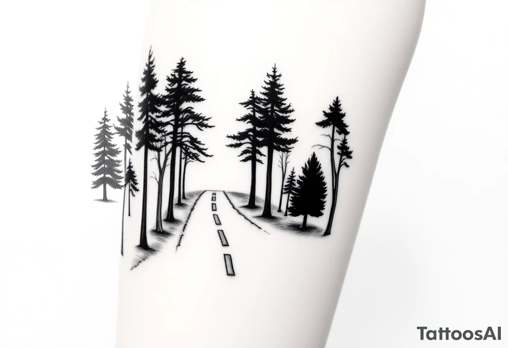 Use the top image above. Fill in trees a bit tighter. Road gets smaller in the distance. tattoo idea