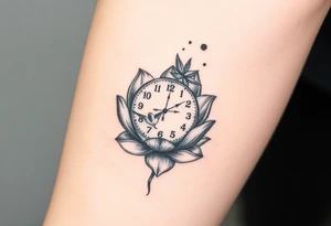 A broken clock floating inside a blooming lotus flower, with a small bird flying out from the clock face tattoo idea