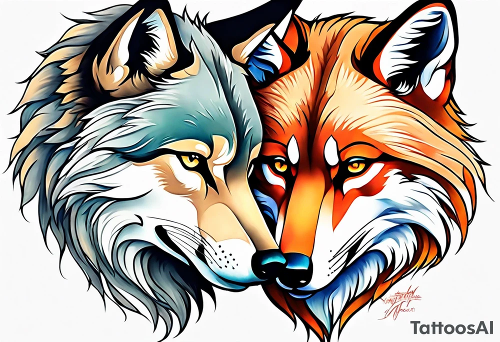 Wolf and fox nuzzling tattoo idea