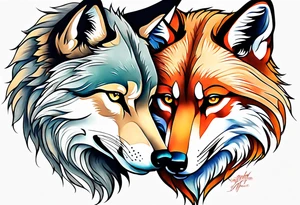 Wolf and fox nuzzling tattoo idea