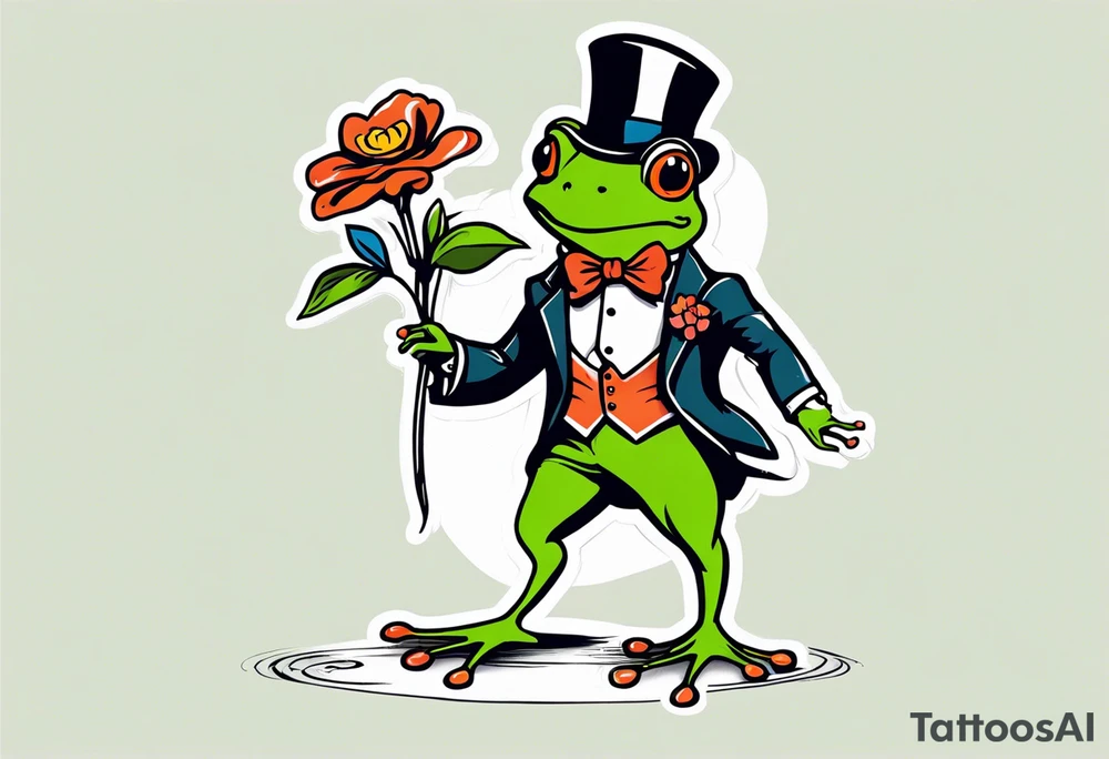 Cute Frog wearing top hat and a suit standing on its Back legs while holding flowers tattoo idea Cute Frog wearing top hat and a suit standing on its Back legs while holding flowers tattoo idea