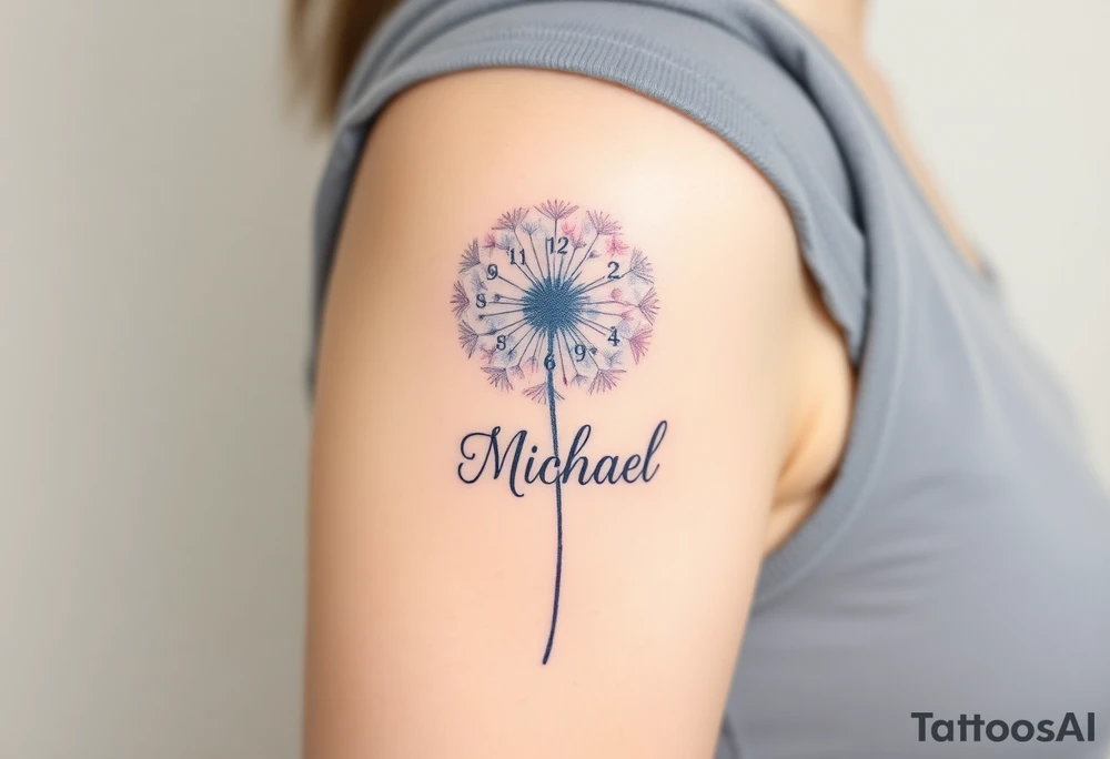 A watercolor-styled dandelion with seeds transforming into clock numbers 13. 07. 2019 and name "Michael", representing fleeting time and new beginnings, in pastel blues and purples tattoo idea