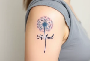 A watercolor-styled dandelion with seeds transforming into clock numbers 13. 07. 2019 and name "Michael", representing fleeting time and new beginnings, in pastel blues and purples tattoo idea