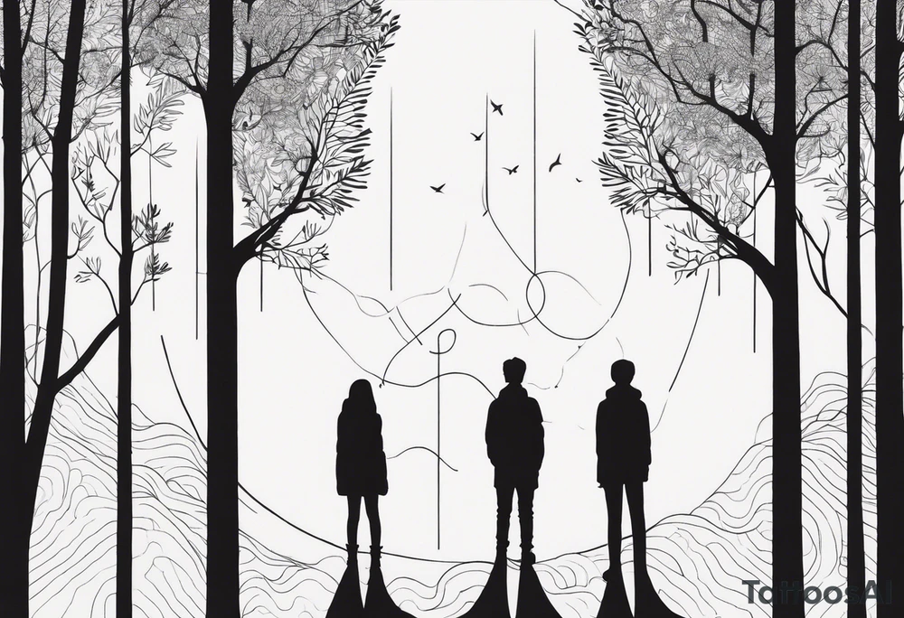 two tall silhouettes of trees and one small person standing between them with the symbol |-/ hidden somewhere in the design tattoo idea