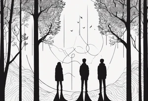 two tall silhouettes of trees and one small person standing between them with the symbol |-/ hidden somewhere in the design tattoo idea