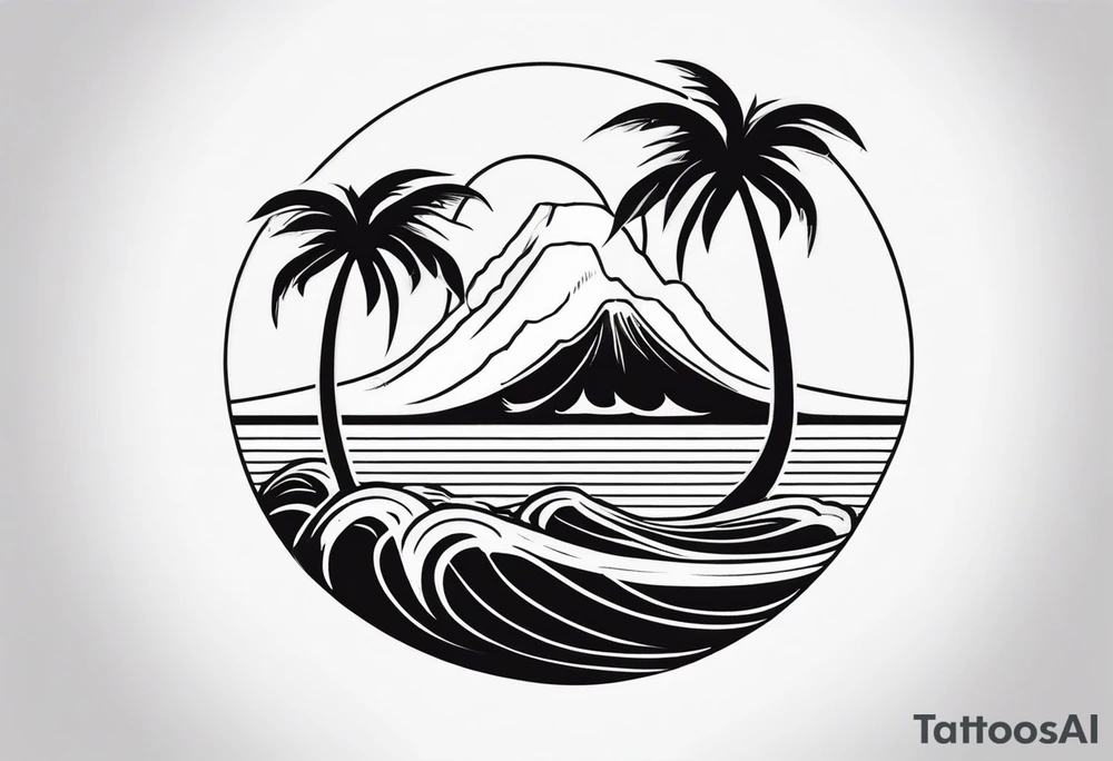 fineline tattoo of a palm tree and a wave with a volcano in the background tattoo idea