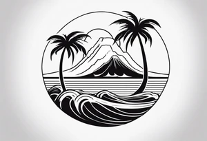 fineline tattoo of a palm tree and a wave with a volcano in the background tattoo idea