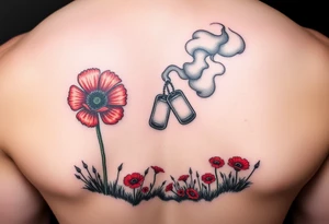 army inspired loss of friends, 2 red poppy’s, and smoke with dog tags in a field of fire tattoo idea